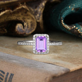 1 Carat Emerald Cut Classic Halo Amethyst Wedding Ring with Pave Band
